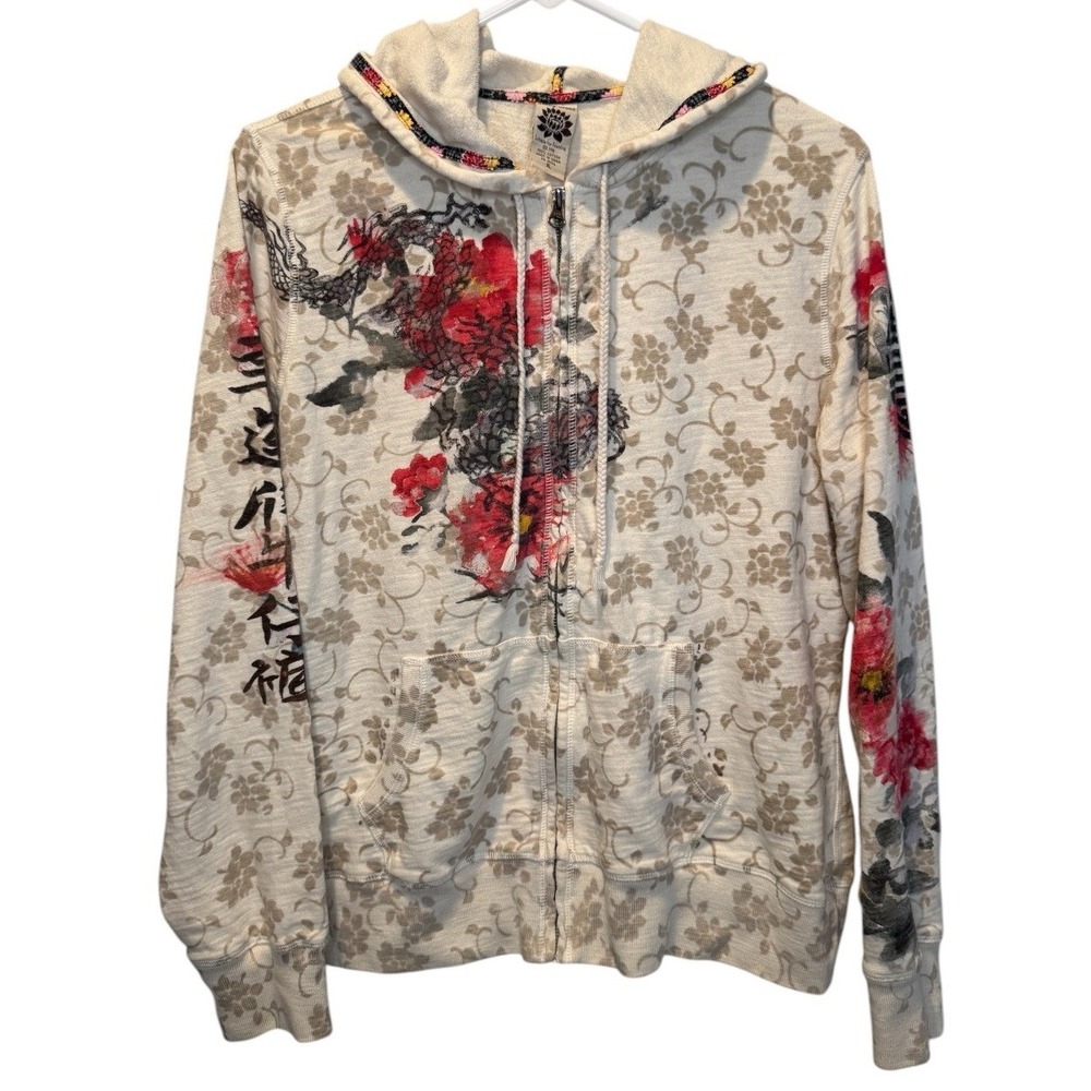 VTG Y2K Lucky Brand Womens Cream Asian Inspired Floral Dragon Graphic Hoodie XL